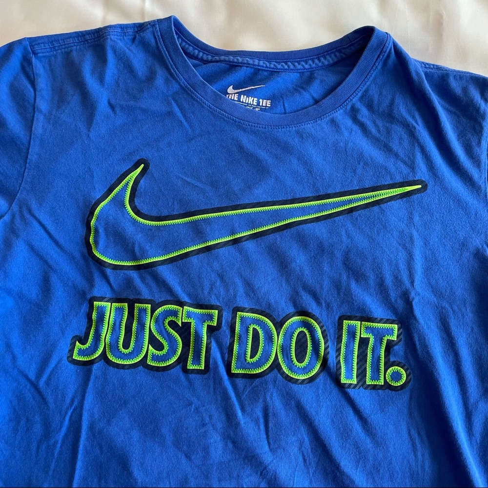 BOGO nike- blue tee shirt green lettered detail logo - Picture 2 of 5